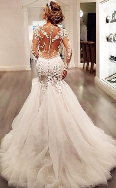 Lange Ärmel Hofschleppe Elfenbein Brautkleid Mit Spitzenapplikationen Twa0372