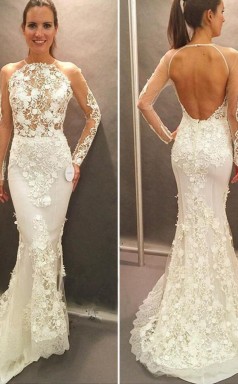 Lange Ärmel Spitzenapplikationen Offener Rücken Hofzug Brautkleid Twa0382