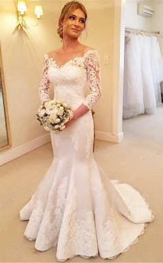 Spitze V-ausschnitt 34 Ärmel Knöpfe Meerjungfrau Brautkleid Twa0392