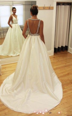 A-linie Perlen ärmelloses V-ausschnitt Brautkleid Mit Schleife Twa0502