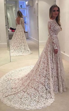 Elegantes Rückenfreies Brautkleid Aus Spitze In A-linie Mit Hofschleppe Twa0522