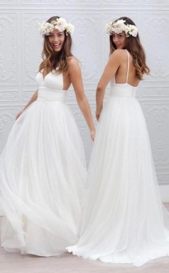 Schlichtes Bodenlanges Brautkleid Mit V-ausschnitt Und Geraffter Schärpe Twa0542