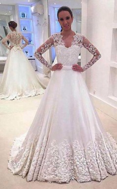 V-ausschnitt Lange Ärmel Applikationen Brautkleid Mit Hofschleppe Twa0642
