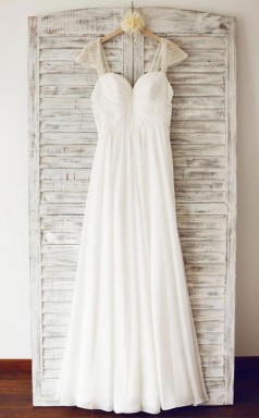 Flügelärmel Bodenlanges Chiffon Plissee Brautkleid Mit Perlenstickerei Twa0672