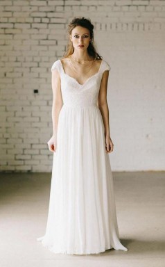 A-linie Elfenbein Spitze Flügelärmeln Vintage Chiffon Brautkleid Twa0692