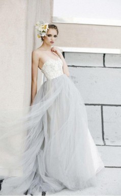 A-linie Weiße Spitze Grauer Tüll Trägerloses Herzförmiges Brautkleid Twa0712