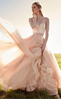 Romantisches V-ausschnitt Erröten Rosa Spitze Brautkleid Abnehmbarer Rock Brautkleid Twa0882