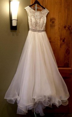 Juwelenhalsausschnitt A-linie Perlenbesatz Aus Organza Langes Brautkleid Twa0902