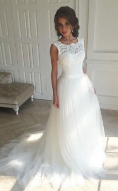 ärmelloses Spitze Weißes A-linie Sweep Zug Brautkleid Twa0962