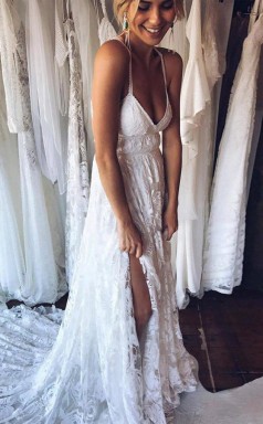 A-linie Träger Rückenfrei Hof Zug Spitze Strand Brautkleid Twa1082