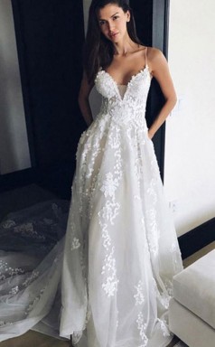 Spaghettiträger Mit V-ausschnitt Applikationen Hofzug Tüll Brautkleid Twa1652