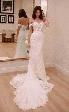 Schulterfreies Brautkleid Aus Chiffon Mit Hofschleppe Und Spitzenapplikationen Twa2202