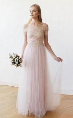 Schulterfreies Langes Hochzeitskleid Aus Rosa Spitze Und Tüll Twa2342