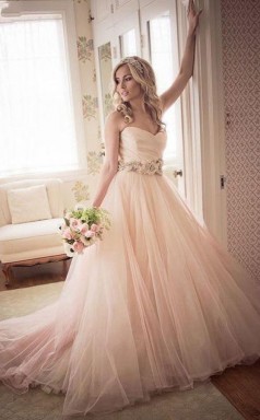 A-linie Schatz Trägerloses Rosa Langes Brautkleid Aus Tüll Twa2352