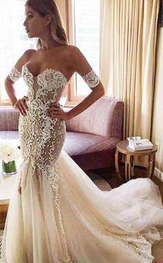 Sweetheart Watteau Schleppe Meerjungfrau Brautkleid Mit Weißer Spitze Twa2702