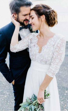 34 Ärmel Durchsichtiges Rückenfreies Brautkleid Aus Spitze & Chiffon Twa2912