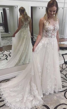 Elfenbeinfarbenes Brautkleid Aus Spitze Durchsichtige Applikation Mit Hofschleppe Twa2962
