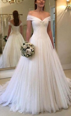 Elegantes A-line Schulterfreies Langes Hochzeitskleid Aus Tüll Elfenbein Twa3262
