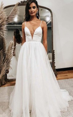 A-linie Tüll Weißes Brautkleid Mit Tiefem Ausschnitt Und Offenem Rücken Twa3482