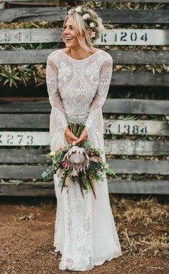 A-linie Bateau Lange Ärmel Rückenfreies Chiffon Brautkleid Mit Spitze Twa4002