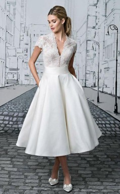 Kurzes Hochzeitskleid V-ausschnitt Spitze Tee-länge Elfenbein Schlichtes Brautkleid Twa4222