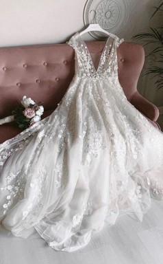 Weißes Tüll V-ausschnitt Mit Offenem Rücken Langes Blumenhochzeitskleid Twa4562