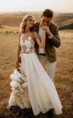 A-linie Durchsichtig Bodenlanges Strandhochzeitskleid Rustikales Brautkleid Twa4982