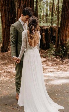 U-ausschnitt Langarm Chiffon Brautkleid Rückenfreies Elfenbein Brautkleid Twa5092