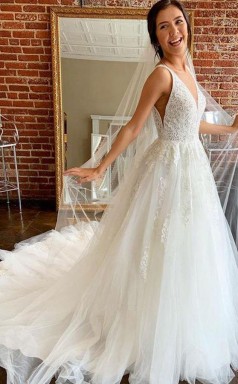 Wunderschönes Brautkleid In A-linie Mit V-ausschnitt Und Offenem Rücken Aus Tüll Mit Applikationen Twa5142