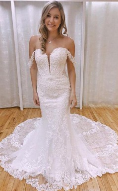 Elegantes Schulterfreies Brautkleid Im Meerjungfrau-stil Mit Applikationen Twa5272