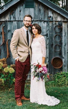 Schulterfreies Weißes Brautkleid Mit Sweep-schleppe Und Langen Ärmeln Twa5352