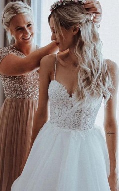 Spaghettiträger A-linie Tüll Brautkleid Mit Perlenapplikationen Twa5502