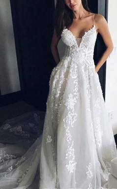 Tiefer V-ausschnitt Spaghetti-trägern Strand Brautkleid Brautkleid Twa5562