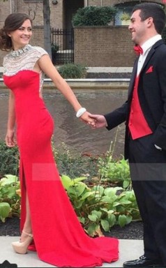 Rote Chiffon Trompete / Meerjungfrau Juwel Kurzarm Sweep Zug Abschlusskleider (GJT3876)