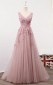 Rosa Tüllspitze V-ausschnitt A-linie Langes Promikleid (GJT3786)